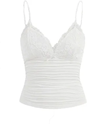 Women Sexy Contrast Lace Bow Front Crop Cami Top Y2K Ruched Skinny Backless Tee Shirt