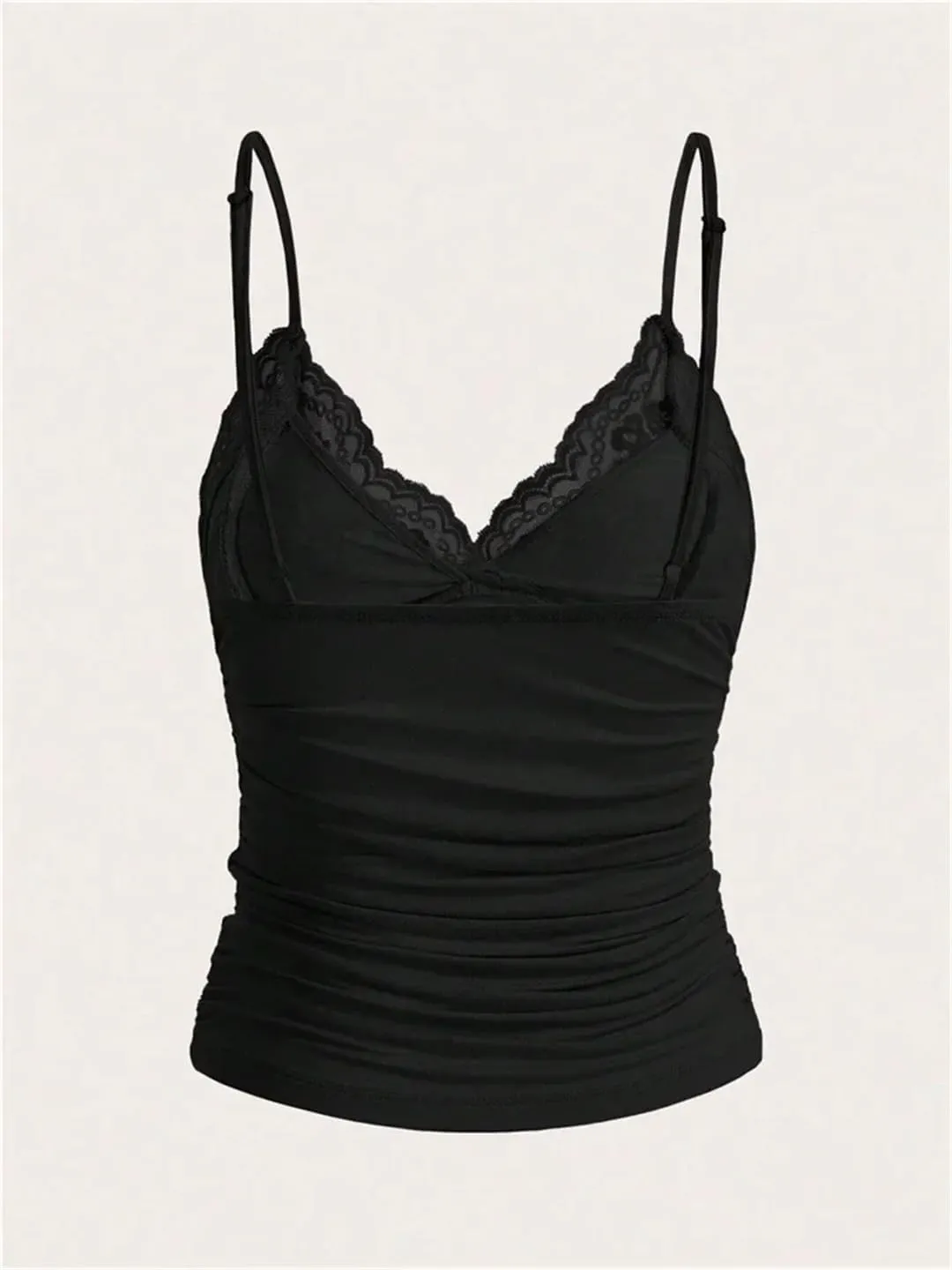 Women Sexy Contrast Lace Bow Front Crop Cami Top Y2K Ruched Skinny Backless Tee Shirt