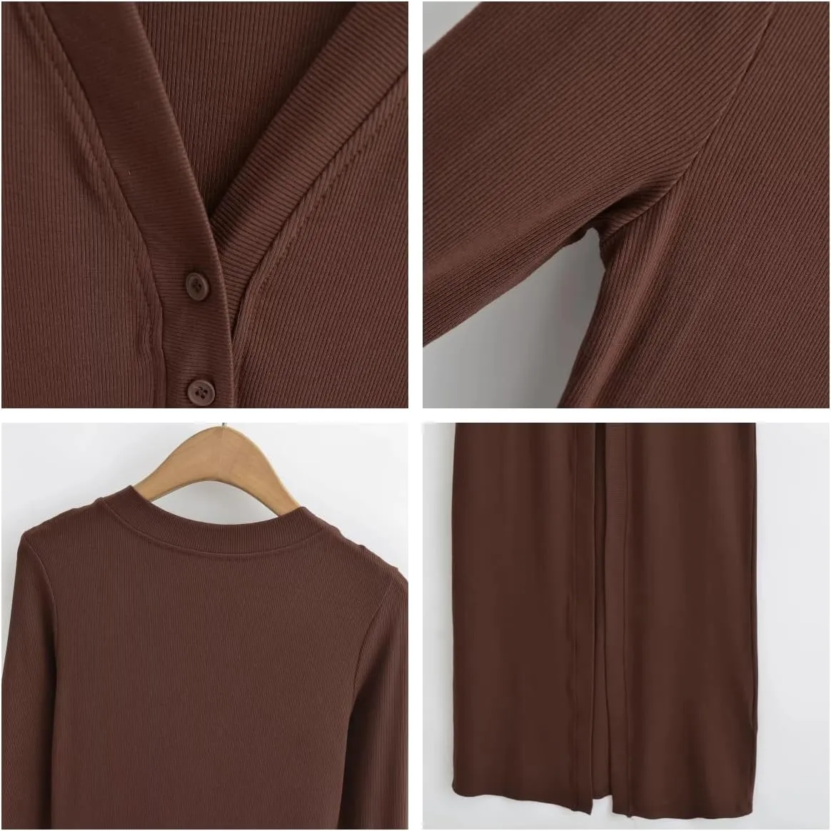 Women Slim Fit Knitted Shirt Dress Flattering Long Sleeve V-Neck Slit Hem Button Maxi Dress Cardigan