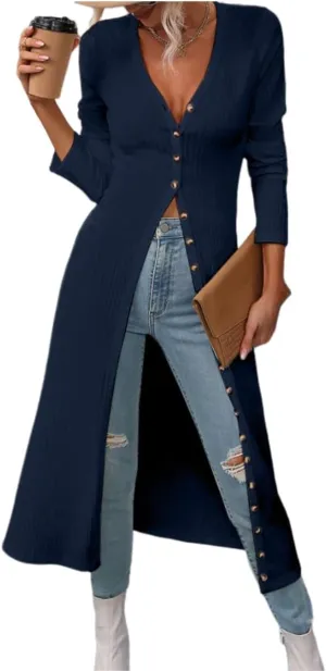 Women Slim Fit Knitted Shirt Dress Flattering Long Sleeve V-Neck Slit Hem Button Maxi Dress Cardigan
