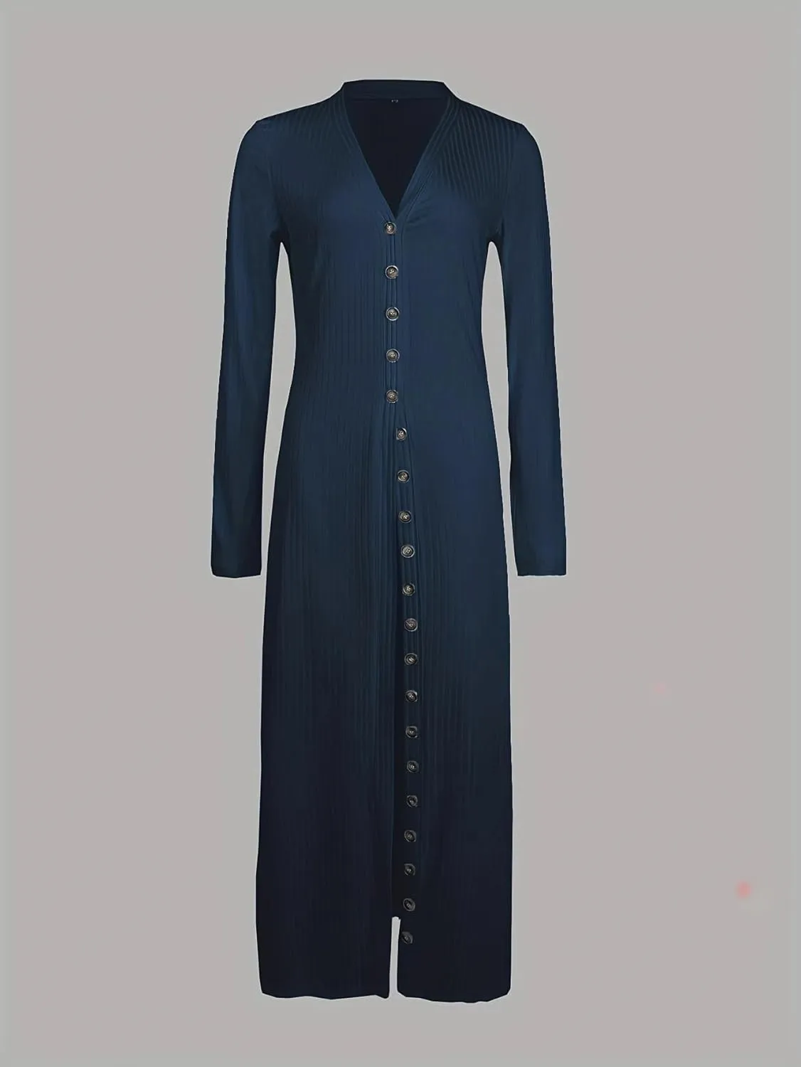 Women Slim Fit Knitted Shirt Dress Flattering Long Sleeve V-Neck Slit Hem Button Maxi Dress Cardigan