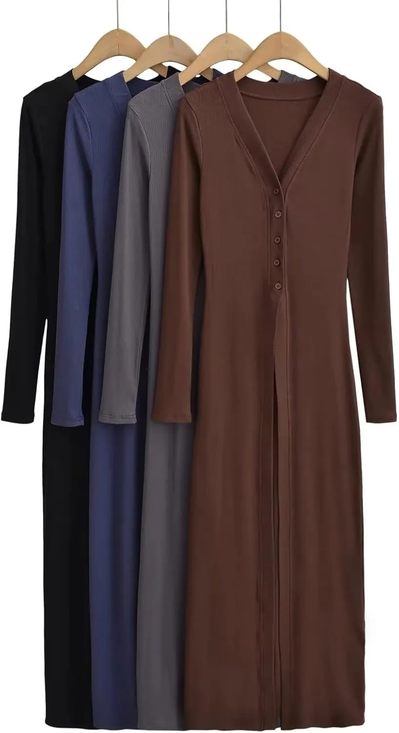 Women Slim Fit Knitted Shirt Dress Flattering Long Sleeve V-Neck Slit Hem Button Maxi Dress Cardigan