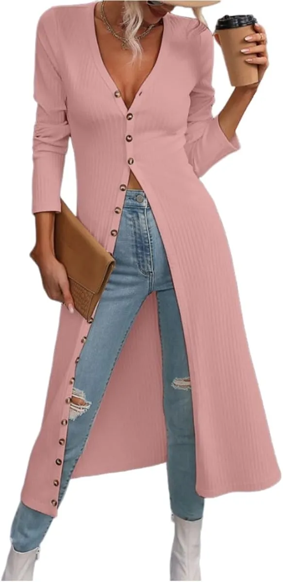 Women Slim Fit Knitted Shirt Dress Flattering Long Sleeve V-Neck Slit Hem Button Maxi Dress Cardigan