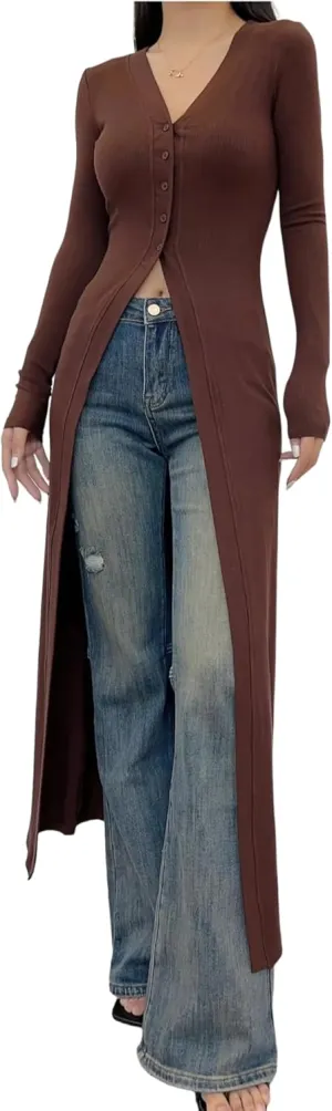 Women Slim Fit Knitted Shirt Dress Flattering Long Sleeve V-Neck Slit Hem Button Maxi Dress Cardigan