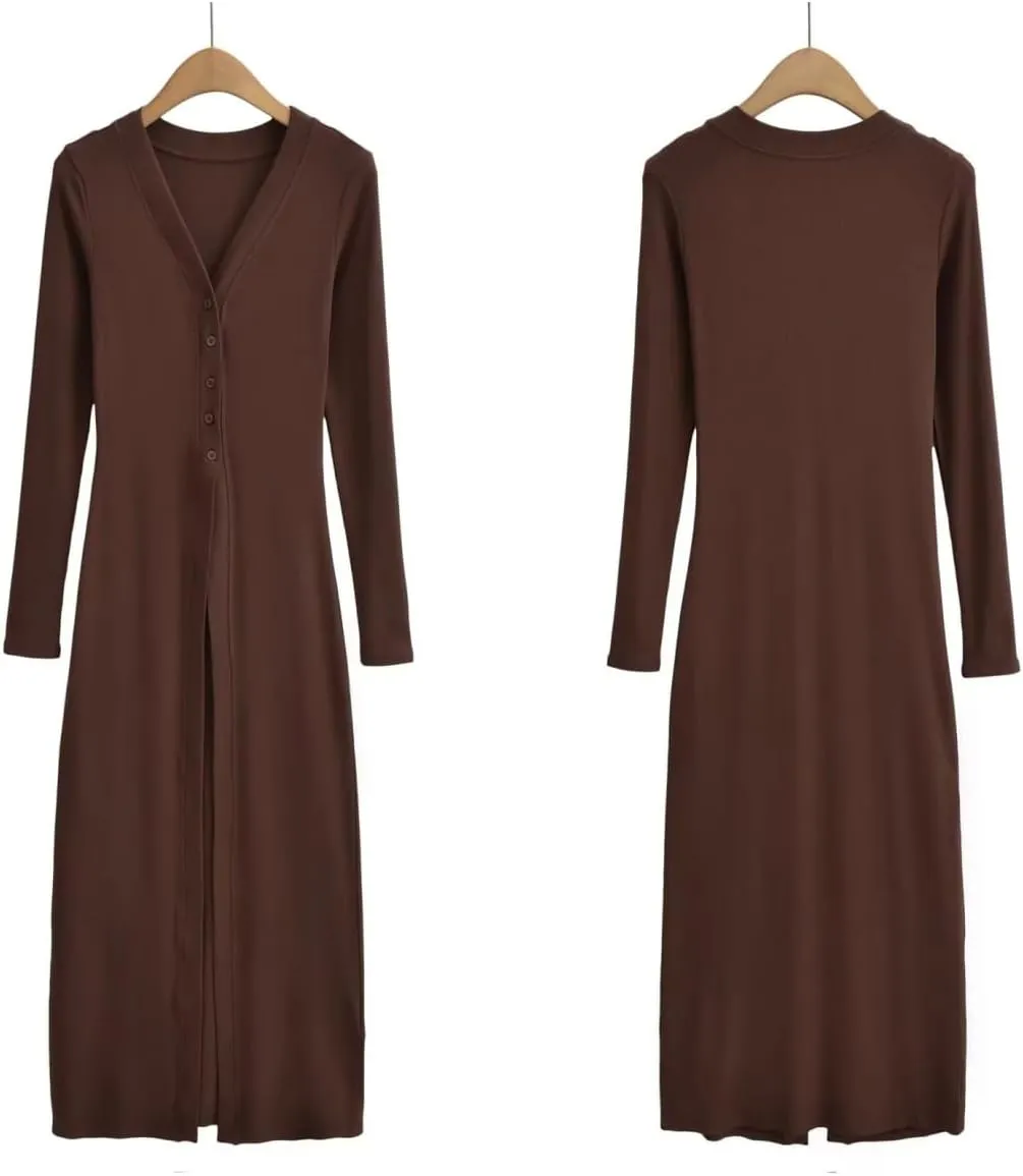Women Slim Fit Knitted Shirt Dress Flattering Long Sleeve V-Neck Slit Hem Button Maxi Dress Cardigan