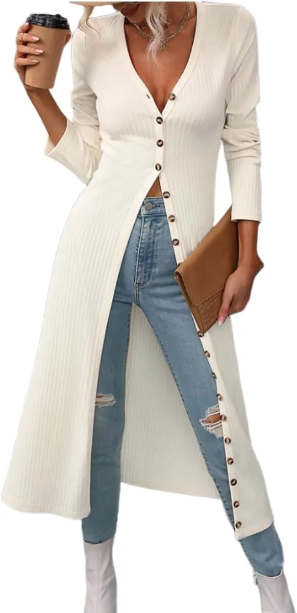 Women Slim Fit Knitted Shirt Dress Flattering Long Sleeve V-Neck Slit Hem Button Maxi Dress Cardigan