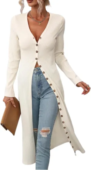 Women Slim Fit Knitted Shirt Dress Flattering Long Sleeve V-Neck Slit Hem Button Maxi Dress Cardigan