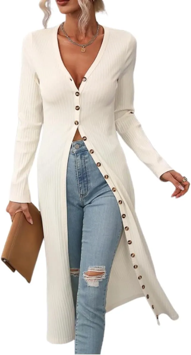 Women Slim Fit Knitted Shirt Dress Flattering Long Sleeve V-Neck Slit Hem Button Maxi Dress Cardigan