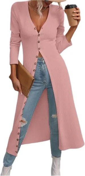 Women Slim Fit Knitted Shirt Dress Flattering Long Sleeve V-Neck Slit Hem Button Maxi Dress Cardigan