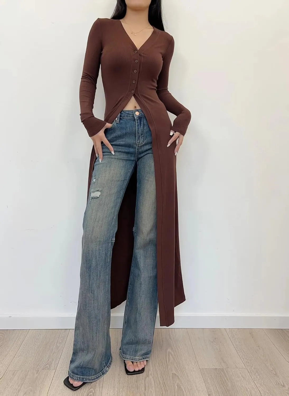 Women Slim Fit Knitted Shirt Dress Flattering Long Sleeve V-Neck Slit Hem Button Maxi Dress Cardigan