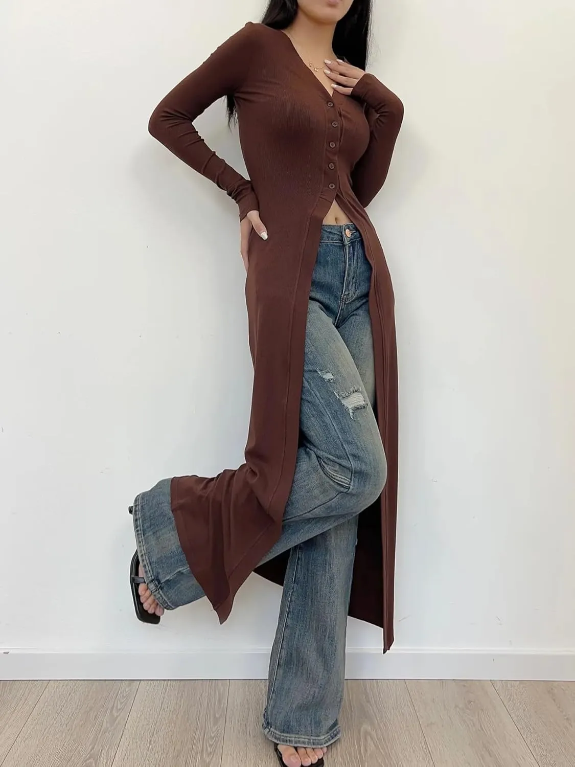 Women Slim Fit Knitted Shirt Dress Flattering Long Sleeve V-Neck Slit Hem Button Maxi Dress Cardigan