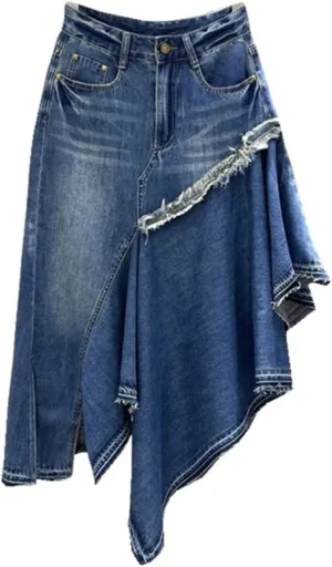 Women Slim Irregular Patchwork Denim Skirt Leisure High Waist A-Line Skirts