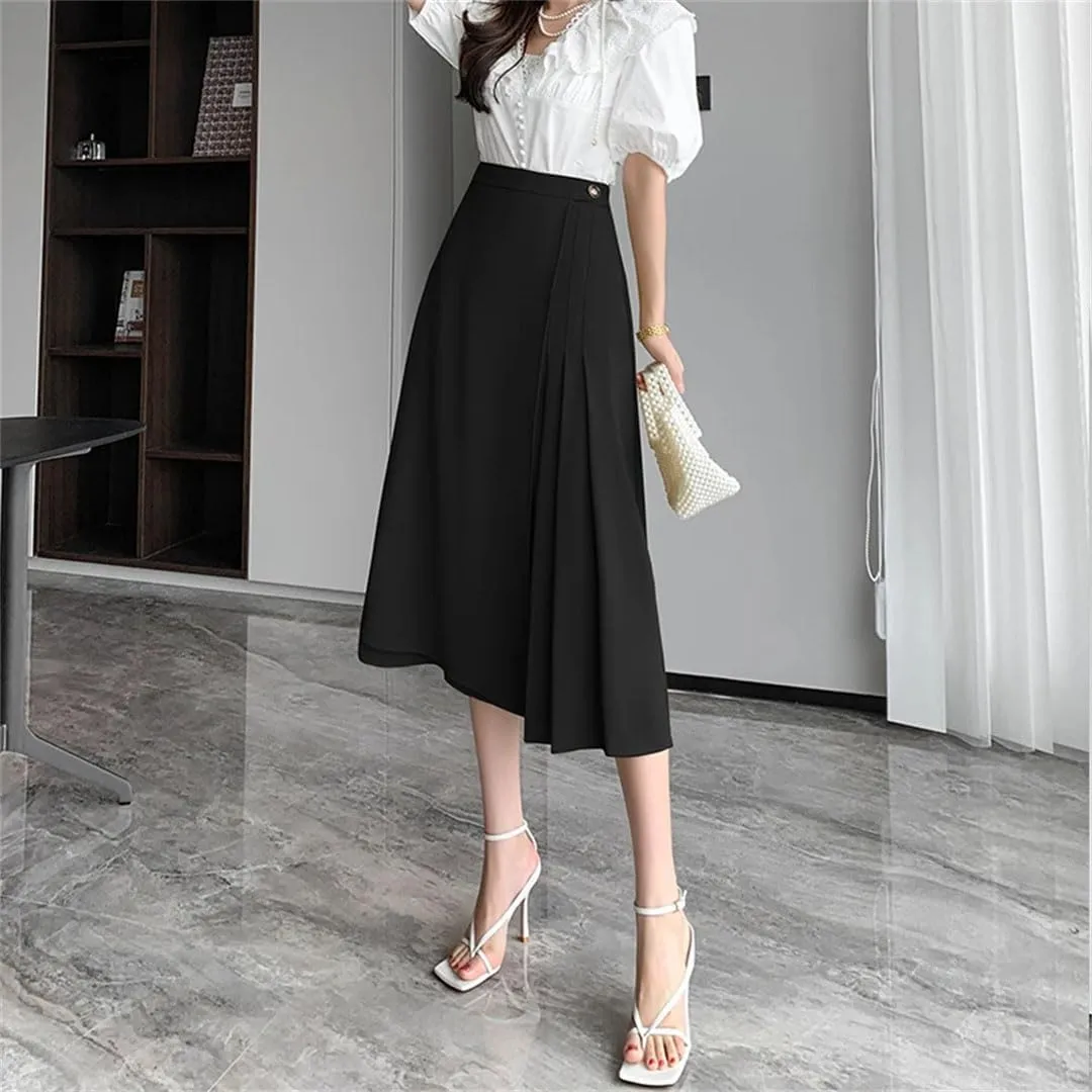 Women Solid Elegant Pleated Summer High Waist Mid Length Casual A-Line Skirts