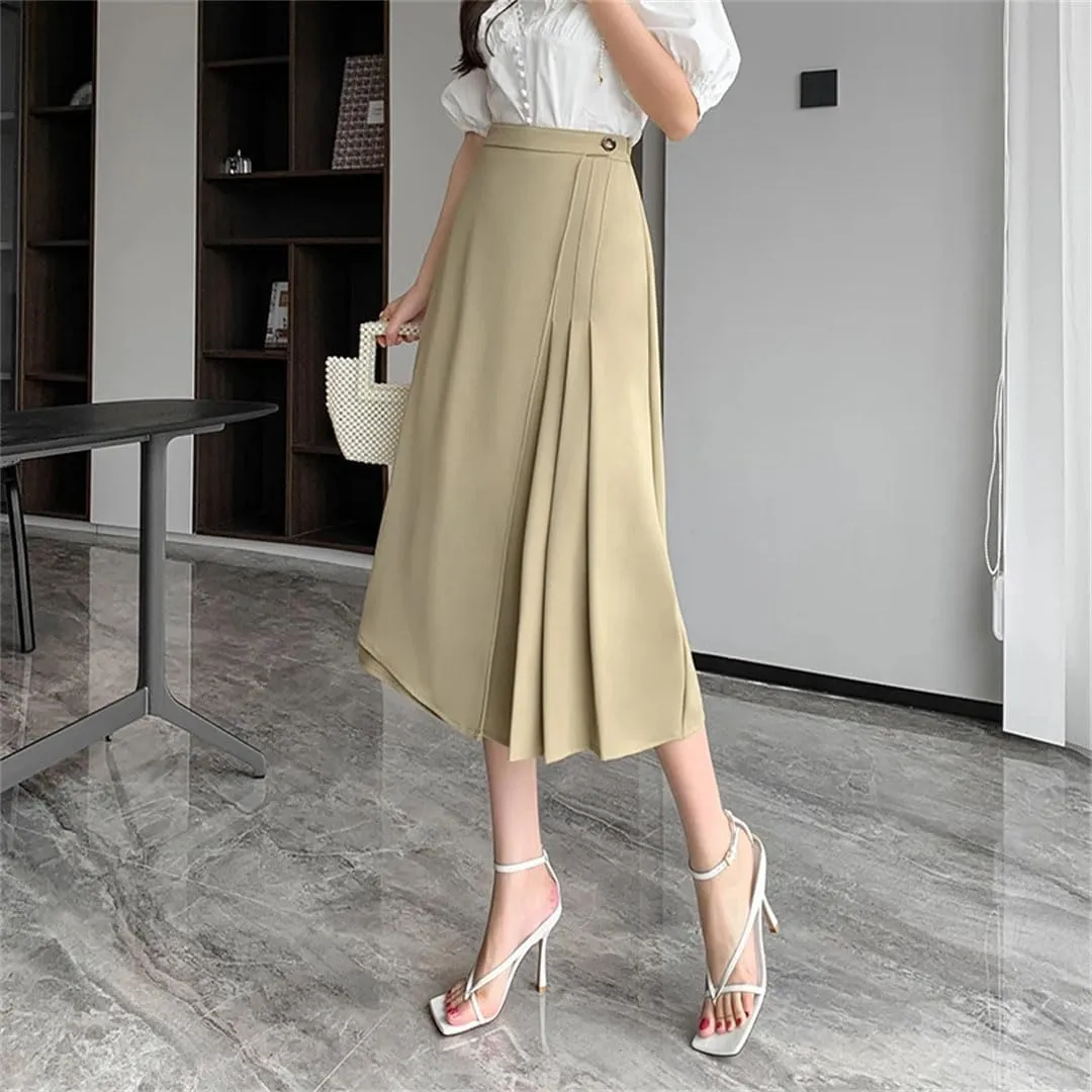 Women Solid Elegant Pleated Summer High Waist Mid Length Casual A-Line Skirts