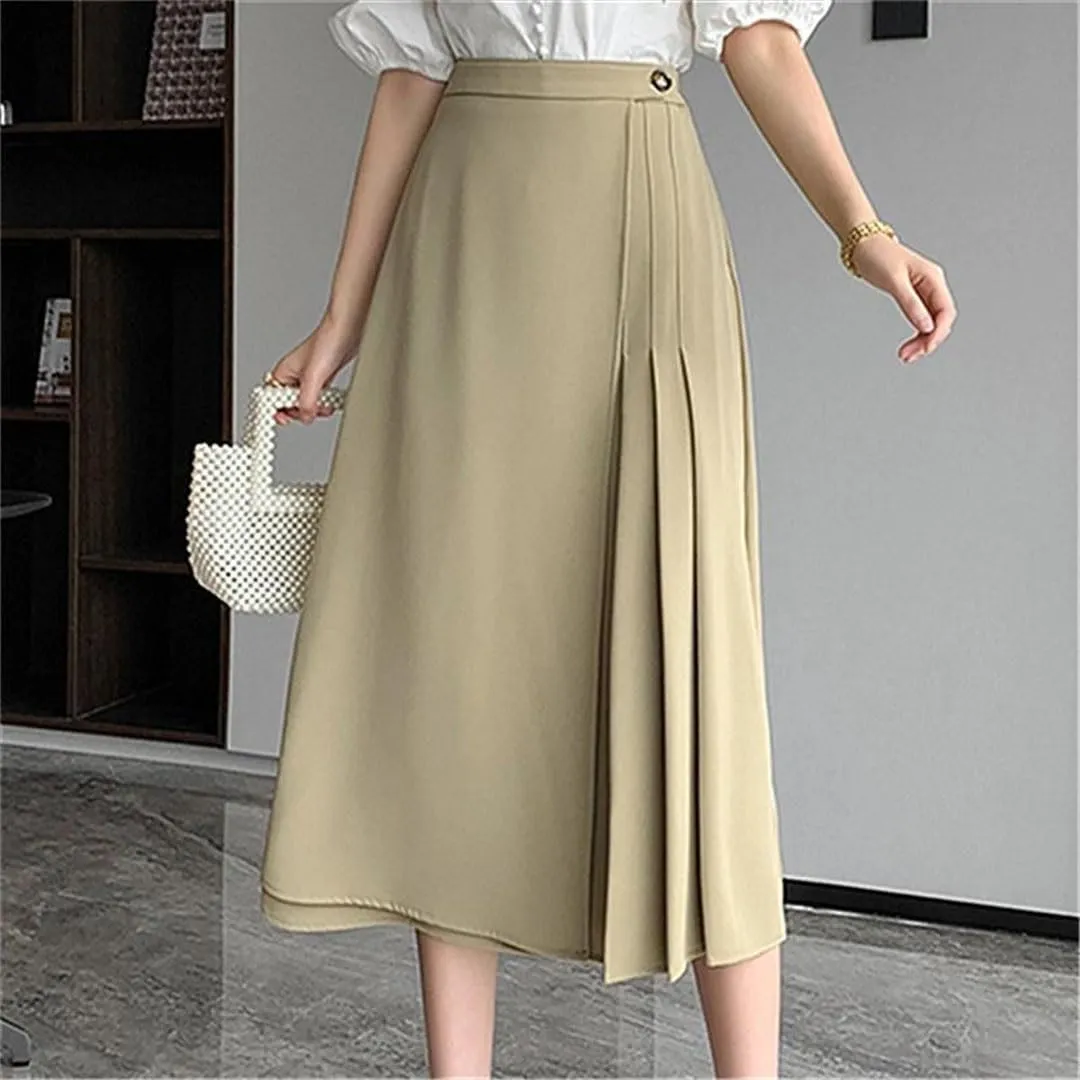 Women Solid Elegant Pleated Summer High Waist Mid Length Casual A-Line Skirts
