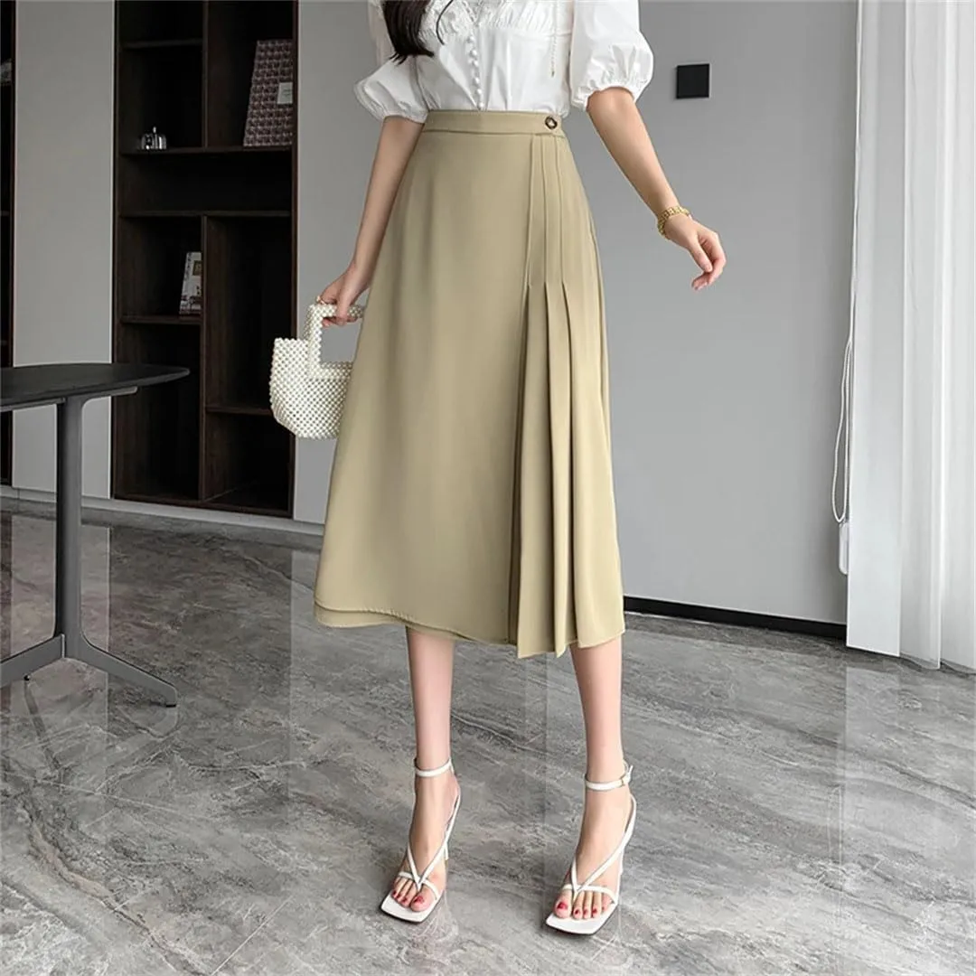 Women Solid Elegant Pleated Summer High Waist Mid Length Casual A-Line Skirts
