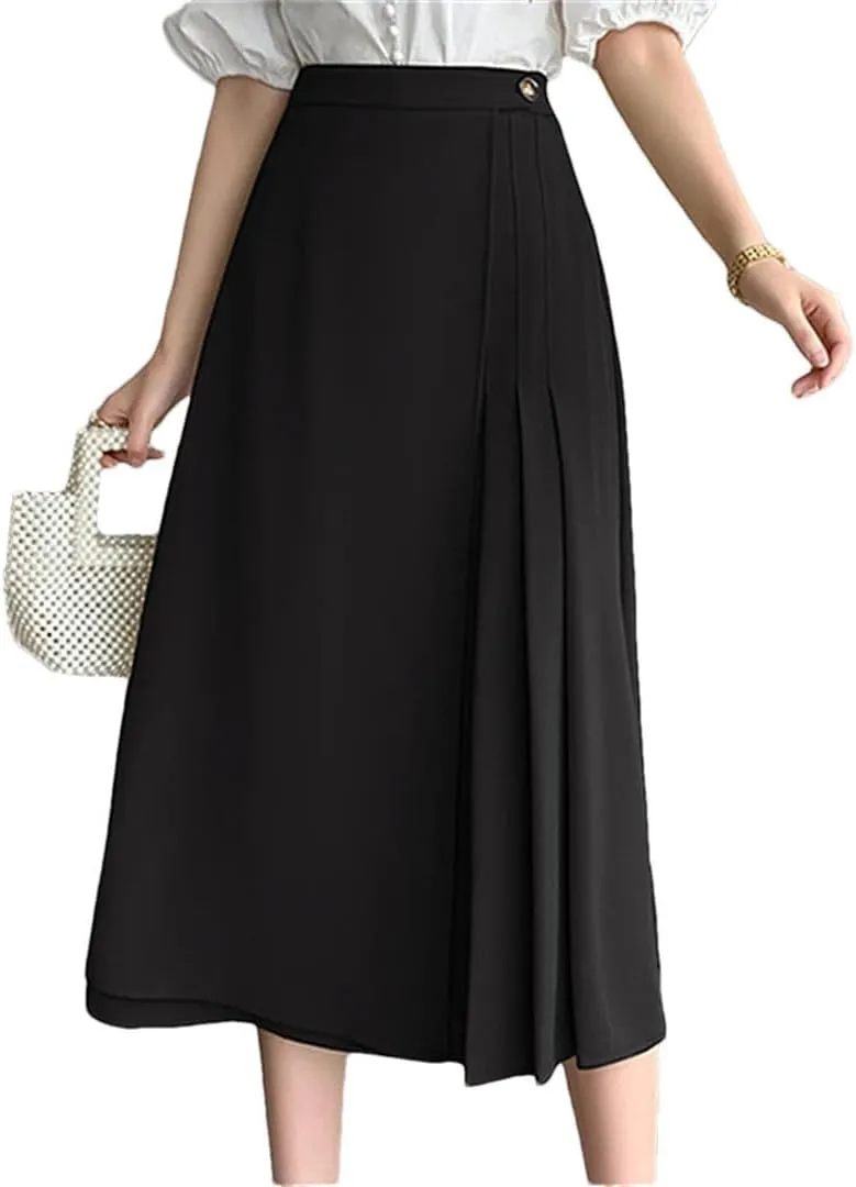 Women Solid Elegant Pleated Summer High Waist Mid Length Casual A-Line Skirts