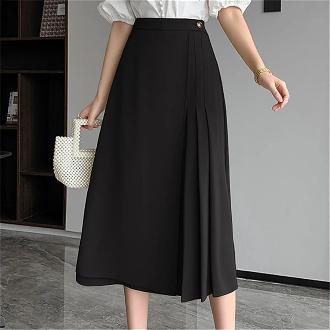 Women Solid Elegant Pleated Summer High Waist Mid Length Casual A-Line Skirts