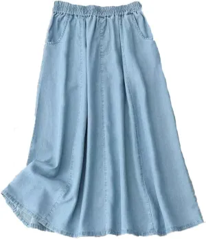 Women Solid High Waist Denim Midi Skirt with Pockets Loose A-Line Skirts