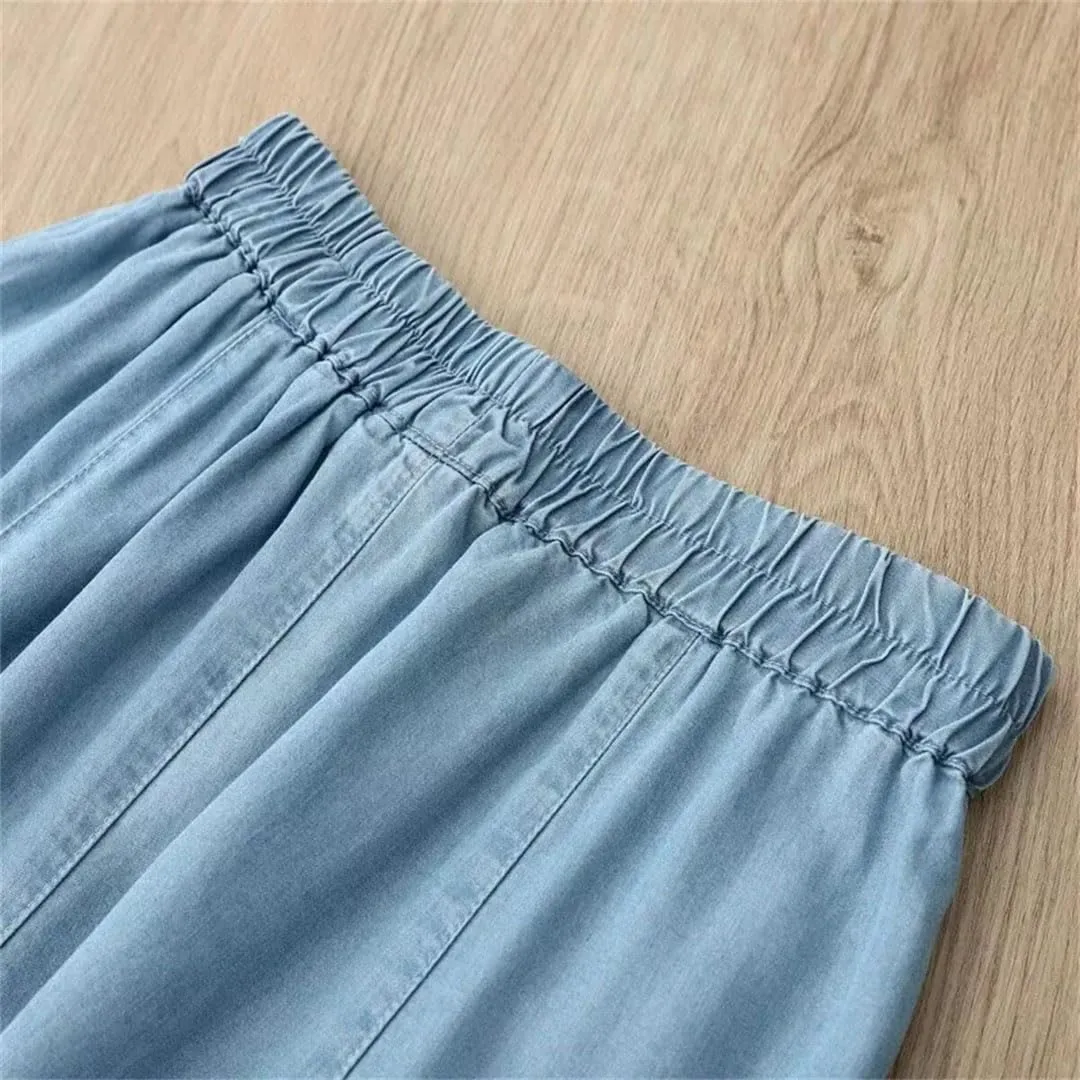 Women Solid High Waist Denim Midi Skirt with Pockets Loose A-Line Skirts