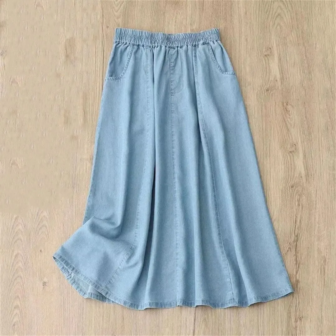Women Solid High Waist Denim Midi Skirt with Pockets Loose A-Line Skirts