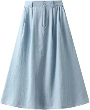 Women Solid Loose Casual Long Denim Skirthigh Waist Retro A-Line Skirts