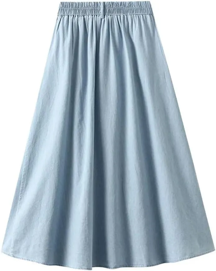 Women Solid Loose Casual Long Denim Skirthigh Waist Retro A-Line Skirts