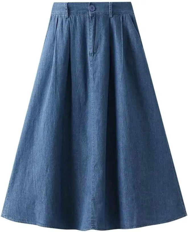 Women Solid Loose Casual Long Denim Skirthigh Waist Retro A-Line Skirts