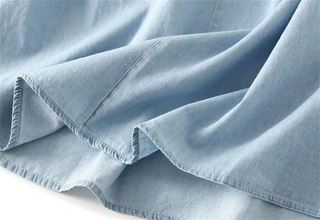 Women Solid Loose Casual Long Denim Skirthigh Waist Retro A-Line Skirts