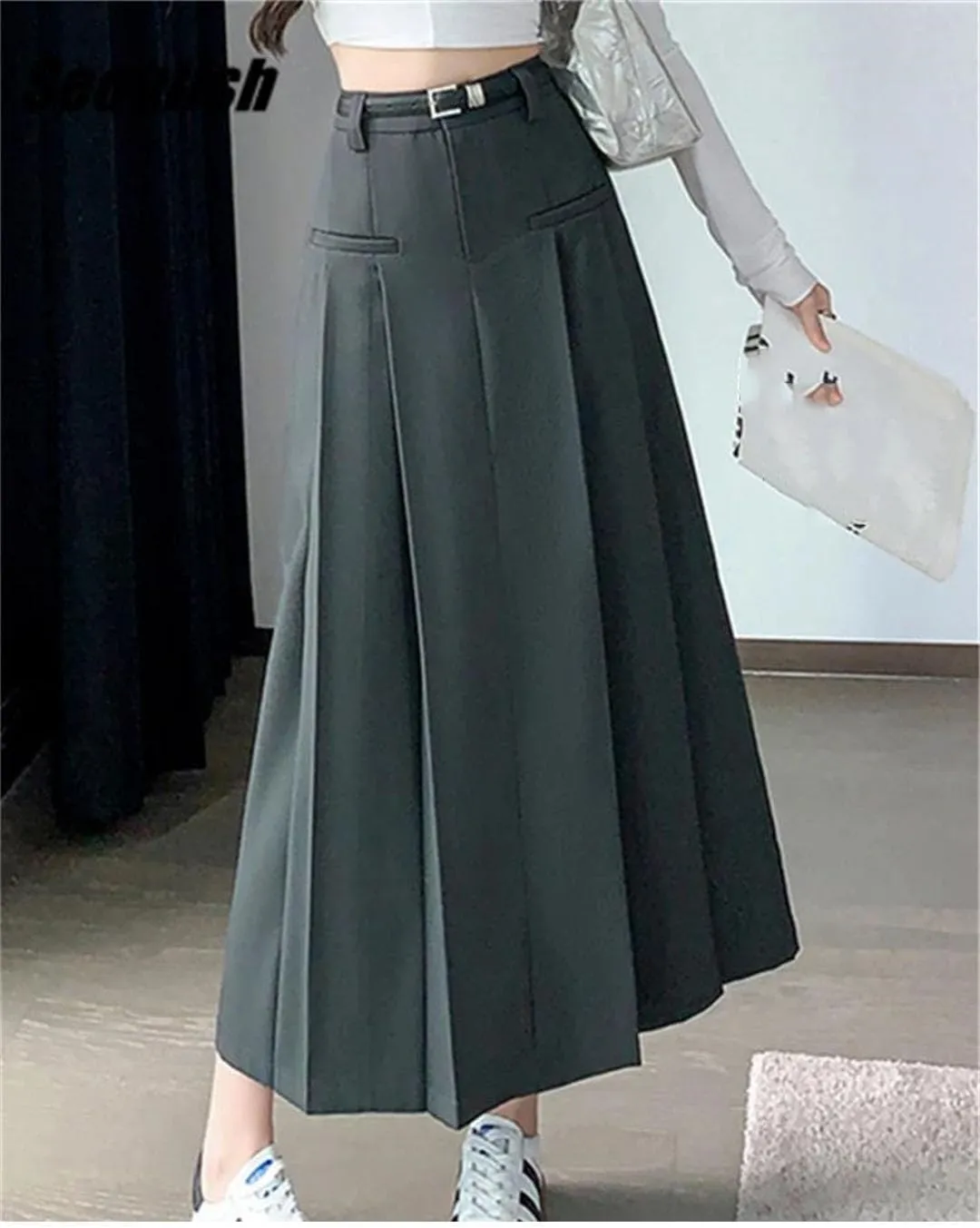 Women Solid Pockets Pleated Long High Waist A-Line Skirts