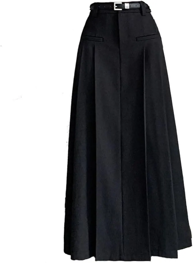 Women Solid Pockets Pleated Long High Waist A-Line Skirts