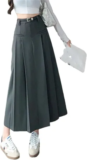 Women Solid Pockets Pleated Long High Waist A-Line Skirts