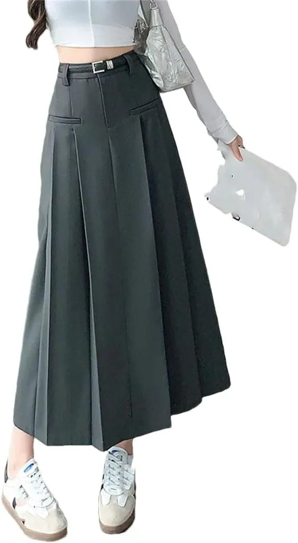 Women Solid Pockets Pleated Long High Waist A-Line Skirts