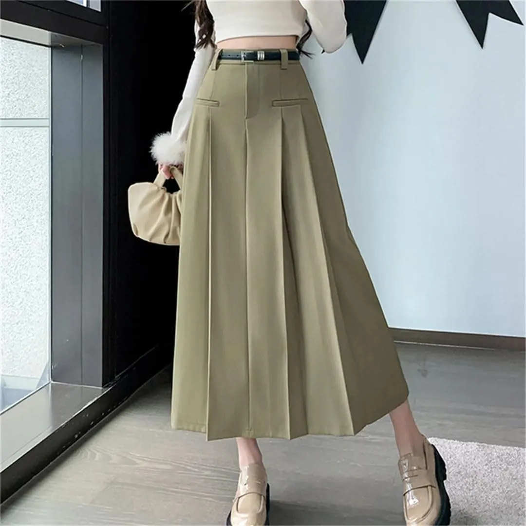 Women Solid Pockets Pleated Long High Waist A-Line Skirts