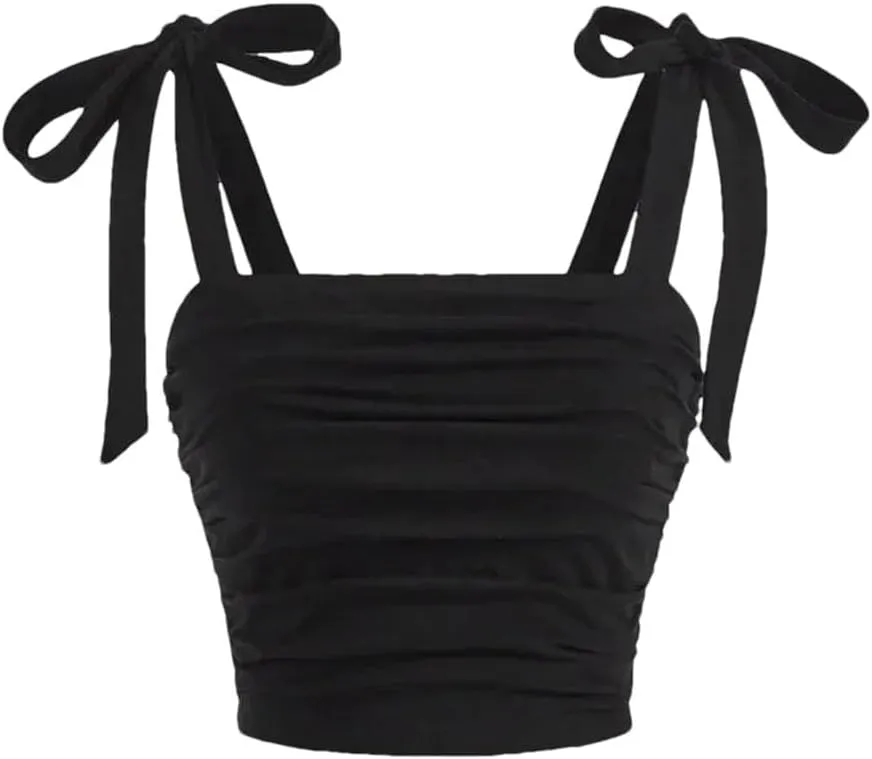 Women Solid Tie Shoulder Ruched Wide Strap Slim Fit Crop Top Y2K Clothes Backless Cami Top Streetwear