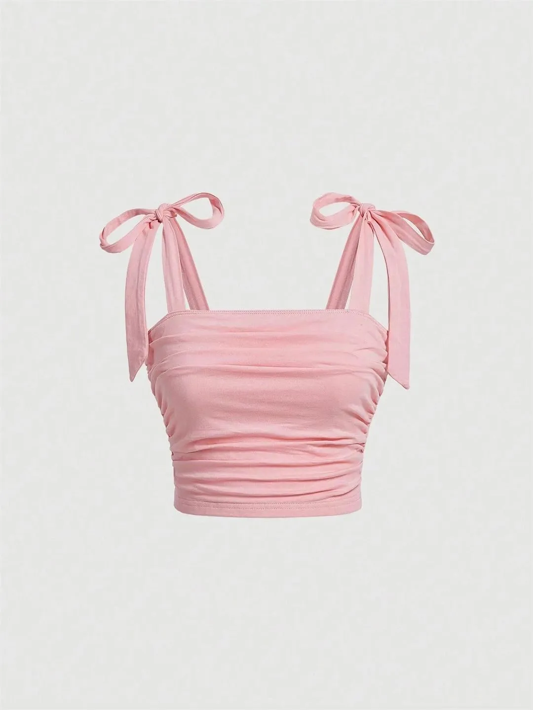 Women Solid Tie Shoulder Ruched Wide Strap Slim Fit Crop Top Y2K Clothes Backless Cami Top Streetwear