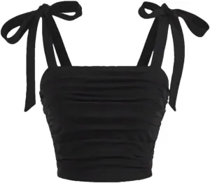 Women Solid Tie Shoulder Ruched Wide Strap Slim Fit Crop Top Y2K Clothes Backless Cami Top Streetwear