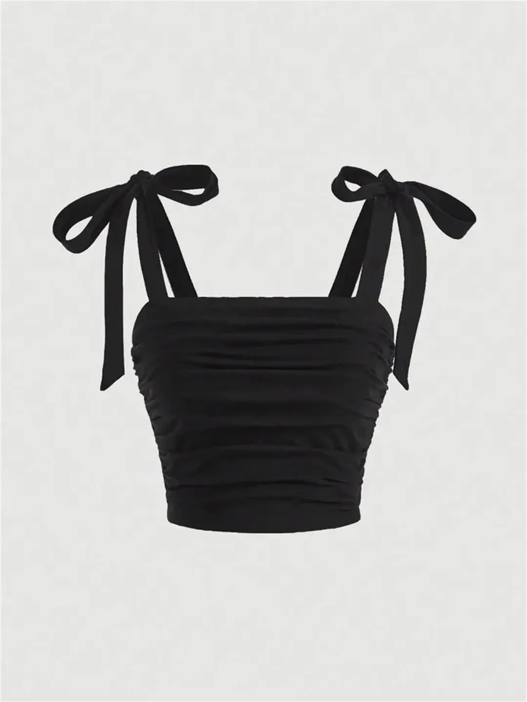 Women Solid Tie Shoulder Ruched Wide Strap Slim Fit Crop Top Y2K Clothes Backless Cami Top Streetwear