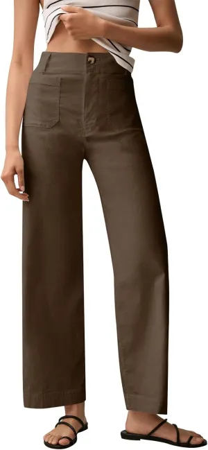 Women Stretch Twill Cropped Pants Wide Leg Jeans with Patch Pocket Straight Leg Chino Pants Casual Ankle Jeans