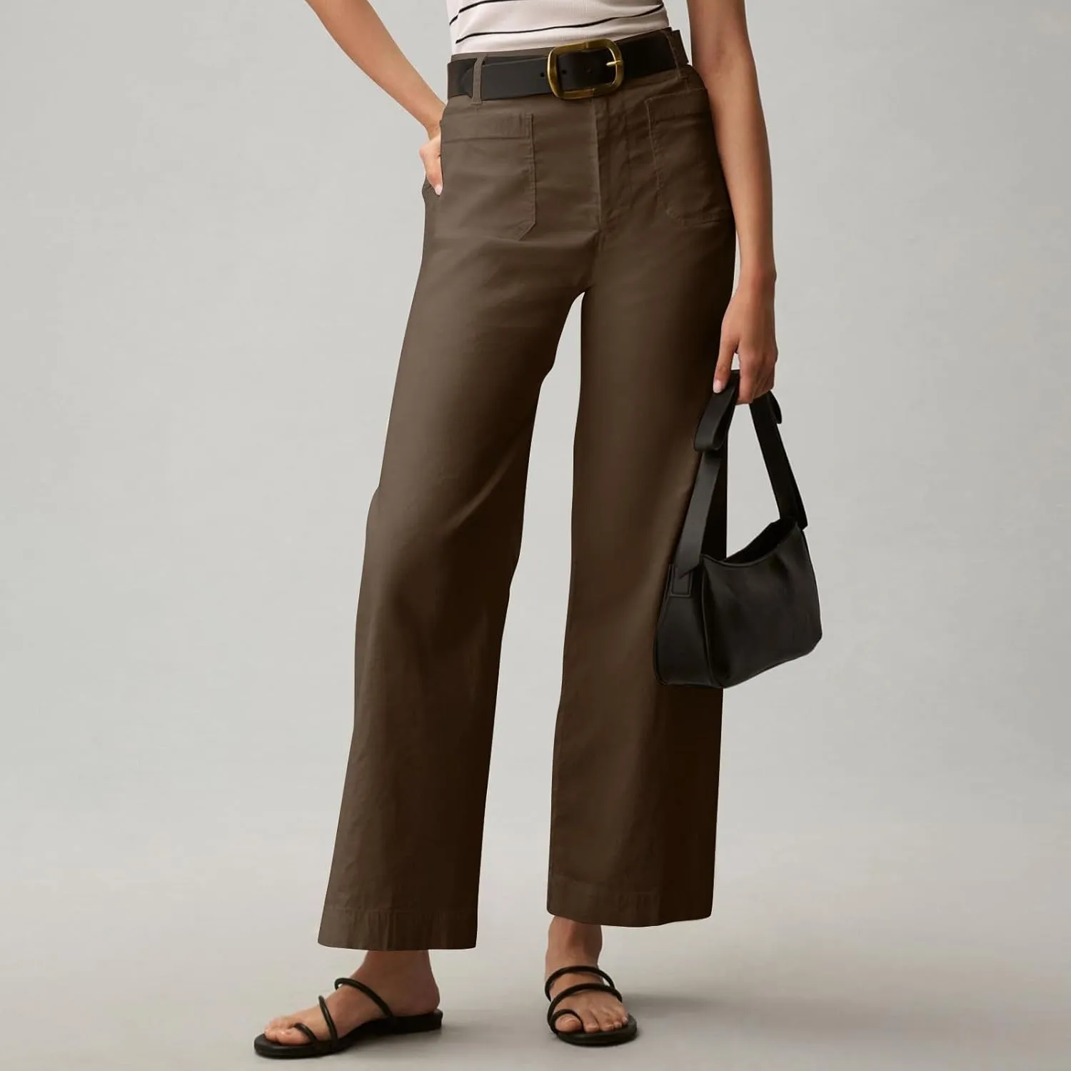Women Stretch Twill Cropped Pants Wide Leg Jeans with Patch Pocket Straight Leg Chino Pants Casual Ankle Jeans