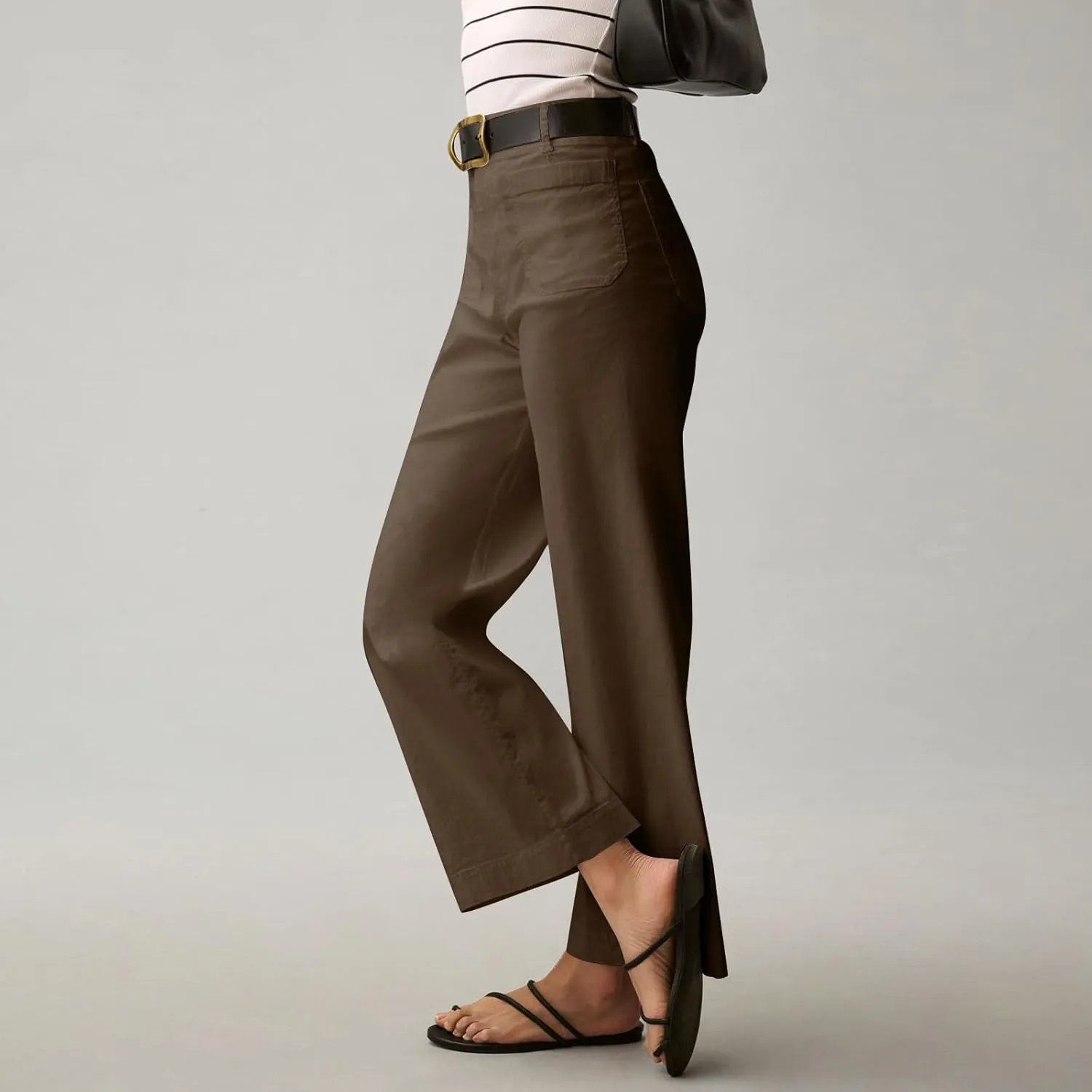 Women Stretch Twill Cropped Pants Wide Leg Jeans with Patch Pocket Straight Leg Chino Pants Casual Ankle Jeans