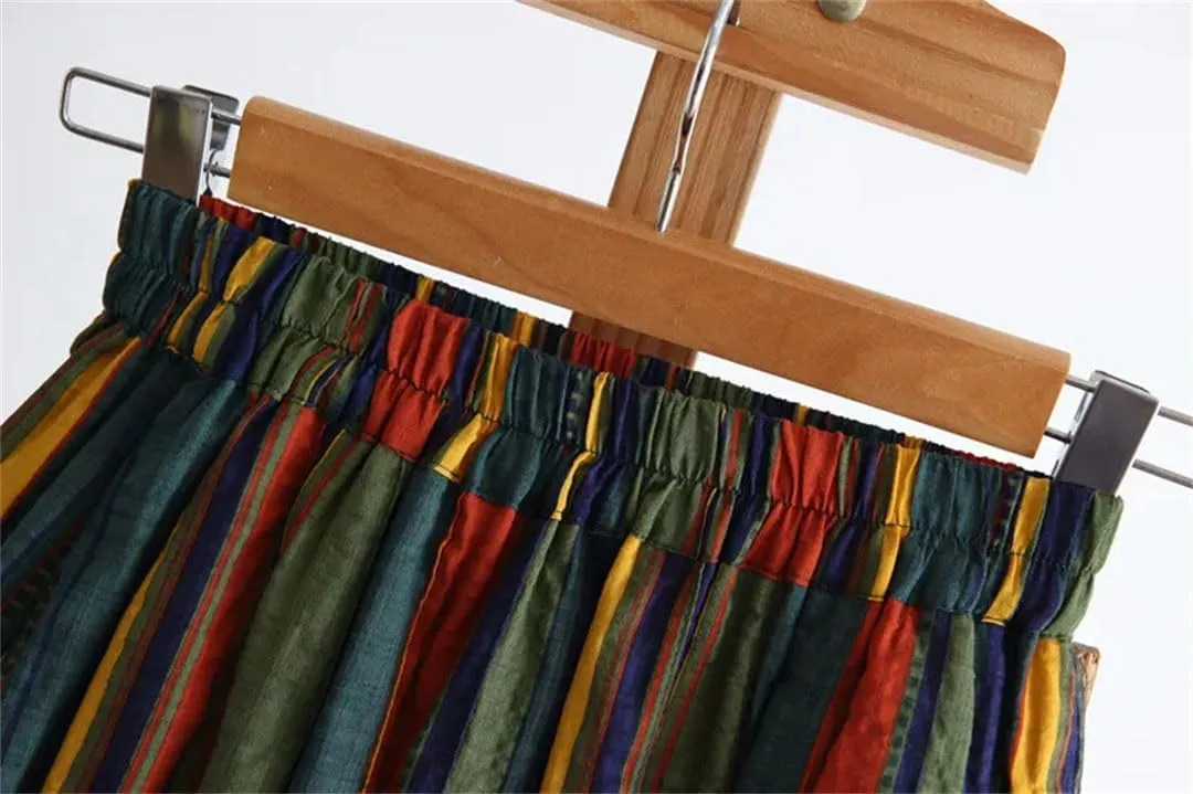 Women Striped Female Long Leisure High Waist A-Line Skirts
