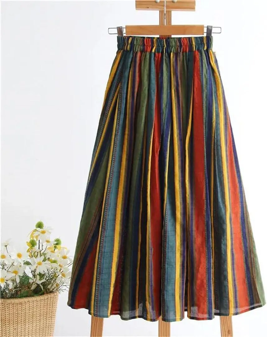 Women Striped Female Long Leisure High Waist A-Line Skirts