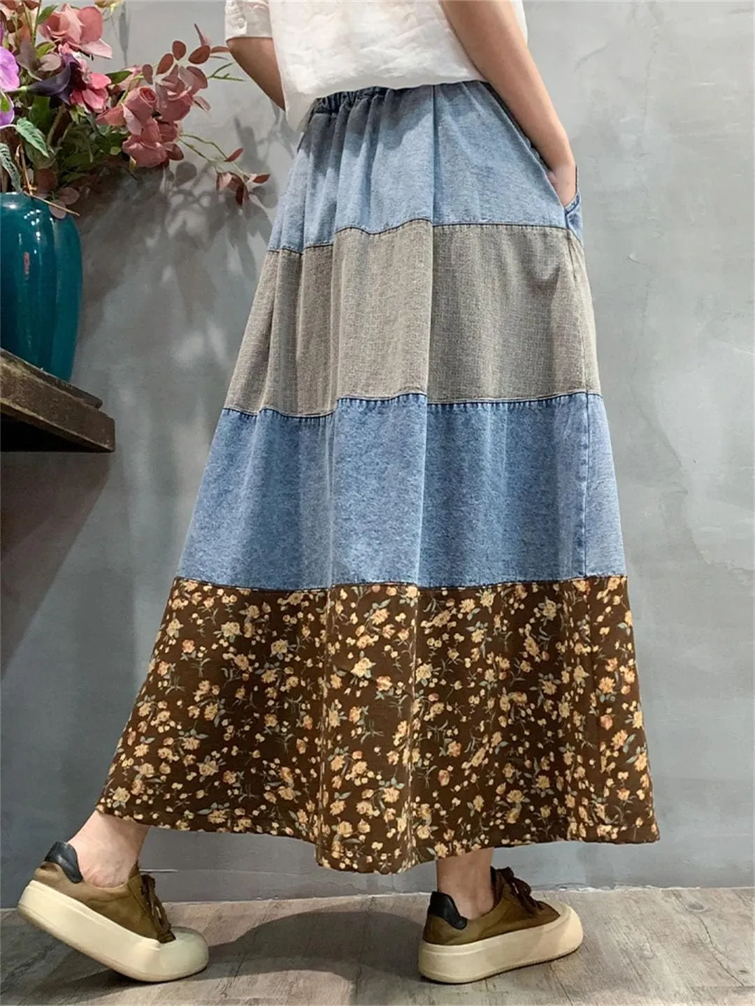 Women Stripes Patchwork Denim Printed Skirt Vintage Loose Casual A-Line Skirts