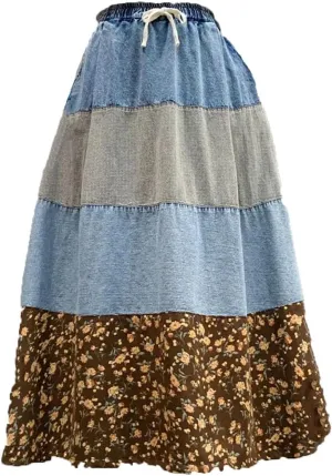 Women Stripes Patchwork Denim Printed Skirt Vintage Loose Casual A-Line Skirts