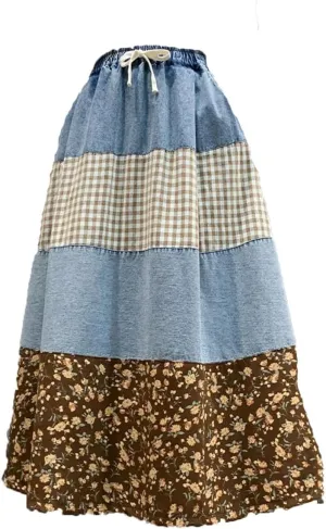 Women Stripes Patchwork Denim Printed Skirt Vintage Loose Casual A-Line Skirts