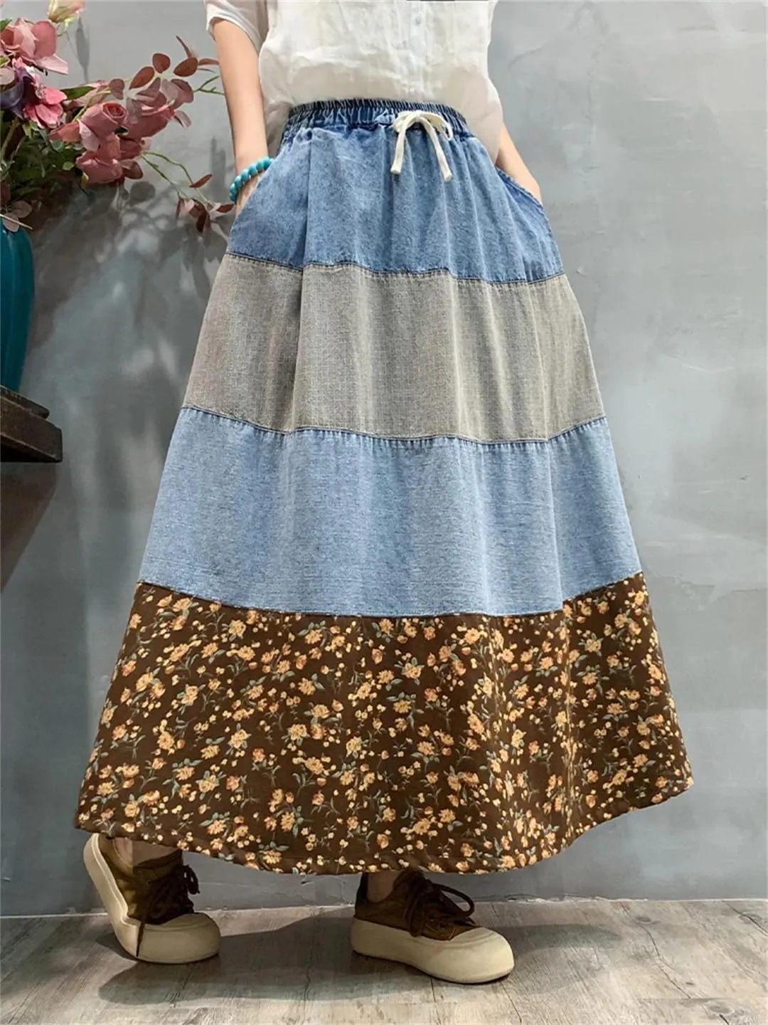 Women Stripes Patchwork Denim Printed Skirt Vintage Loose Casual A-Line Skirts