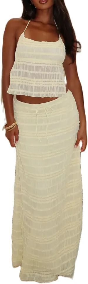 Women Summer 2 Piece Maxi Skirt Set Halter Lace Backless Cami Top Ruched Skirts Set Flowy Outfits Beachwear