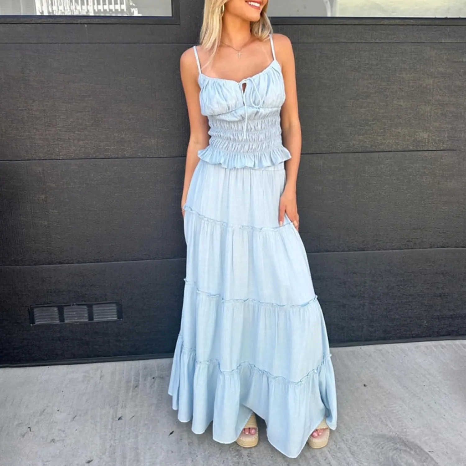 Women Summer 2 Piece Maxi Skirt Set Halter Lace Backless Cami Top Ruched Skirts Set Flowy Outfits Beachwear