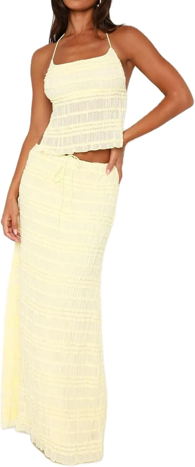 Women Summer 2 Piece Maxi Skirt Set Halter Lace Backless Cami Top Ruched Skirts Set Flowy Outfits Beachwear